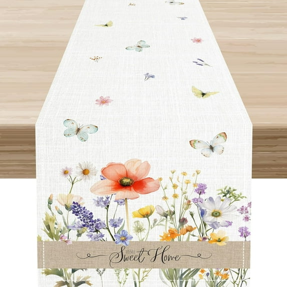 Wildflower Table Runner, Spring Summer Seasonal Butterfly Flower Boho Farmhouse Home Kitchen Dining Table Decoration 13.8"x71"
