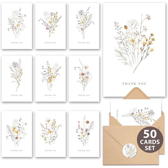 Wildflower Thank You Cards with Envelopes (50 Pack 3.5" x 5.2") Floral Thank You Notes with Adhesive Envelopes & Matching Stickers for Weddings, Baby & Bridal Showers