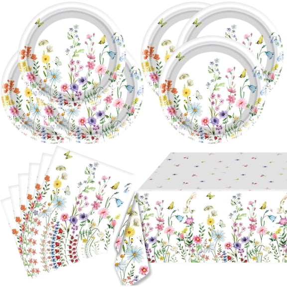 Wildflower Themed Party Supplies,Floral Paper Plates Napkins Tablecloth Tableware Set,for Lawn Wedding Spring Summer Picnic Garden Party Tea Party Decorations