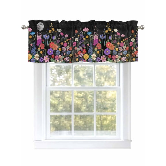 Wildflower Valances for Windows, Rod Pocket Kitchen Valance Curtains - Soft & Washable Small Window Treatment for Living Room, Bathroom, Herb Flower Botanical Black 54x18inch, 1 Panel