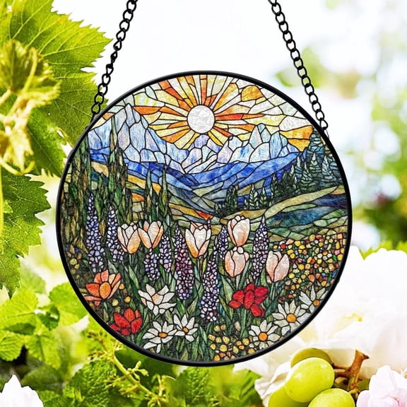 Wildflower Valley Sunrise Suncatcher, Circular Mosaic Window Art, 3.5 in