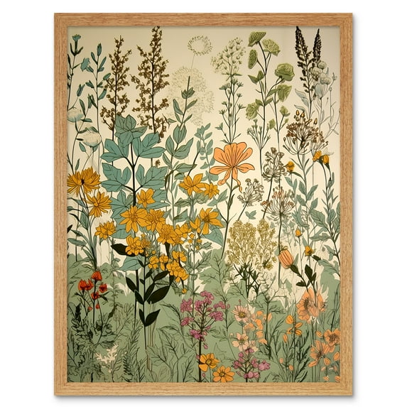 Wildflower Vintage Botanical Painting Pastel Yellow Green Teal Pink Spring Field Art Print Framed Poster Wall Decor 12x16 inch