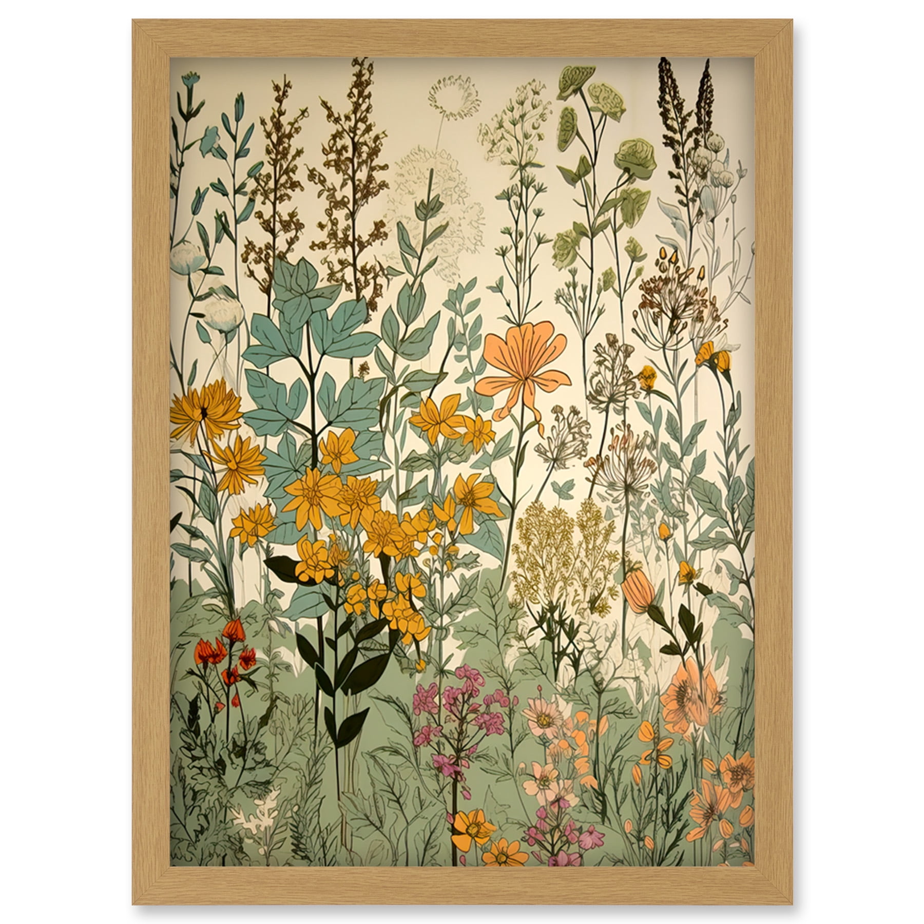 Wildflower Vintage Botanical Painting Pastel Yellow Green Teal Pink ...