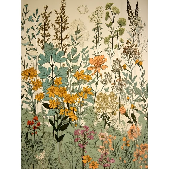 Wildflower Vintage Botanical Painting Pastel Yellow Green Teal Pink Spring Field Extra Large XL Wall Art Poster Print
