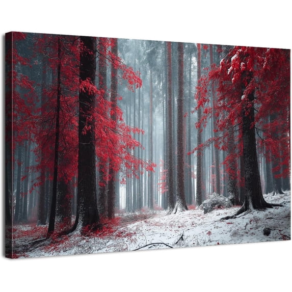 Red Leaves Winter Forest Canvas Wall Art, Snowy Red Tree Landscape Print, Moody Nature Artwork for Living Room Bedroom Office Decor, Ready to Hang