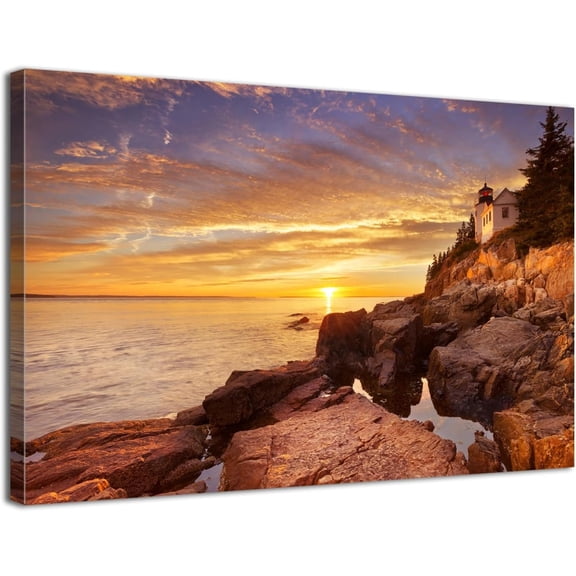 National Park Lighthouse Canvas Wall Art, Bass Harbor Head Lighthouse Sunset Print, Coastal Ocean Landscape Artwork for Living Room Bedroom, Ready to Hang