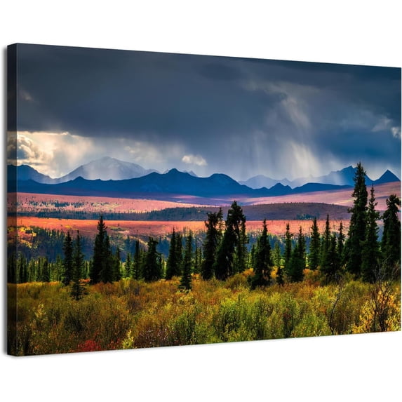 National Park Autumn Storm Canvas Wall Art, Alaska Mountain Tundra Landscape Print, Dramatic Nature Artwork for Living Room Bedroom Cabin Decor, Ready to Hang
