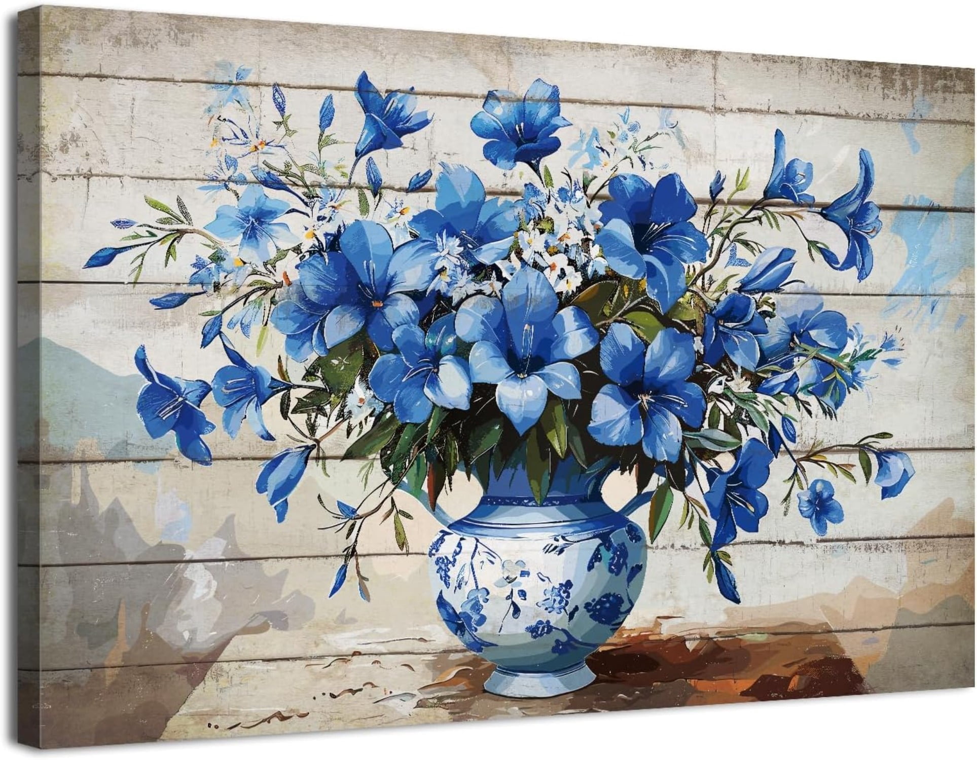 Farmhouse Blue Flower Canvas Wall Art, Rustic Blue and White Vase Floral Print, Vintage Botanical Artwork for Living Room Bedroom Kitchen Decor, Ready to Hang