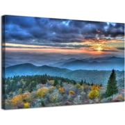 Blue Ridge Mountains Sunset Canvas Wall Art, Smoky Mountains Autumn Landscape Print, Serene Nature Artwork for Living Room Bedroom Office, Ready to Hang