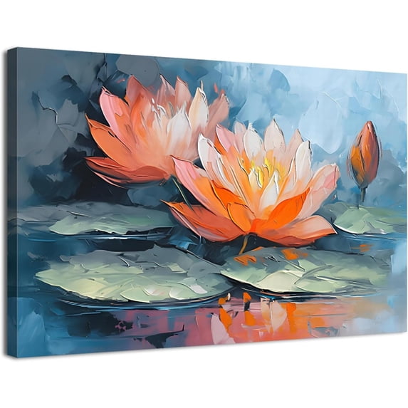 Water Lily Flower Canvas Wall Art, Abstract Oil Painting Style Lotus Print, Floral Botanical Artwork for Living Room Bedroom Bathroom Decor, Ready to Hang