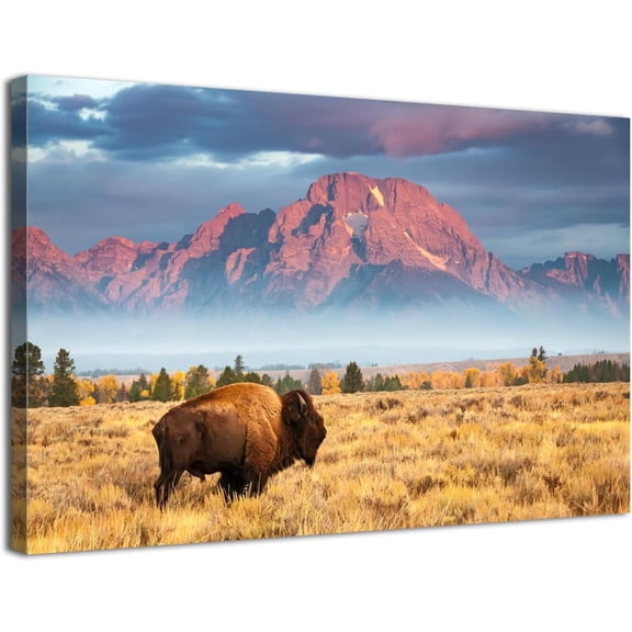 Bison Canvas Wall Art, Wyoming Mountain Wildlife Landscape Print, Rustic Western Artwork for Living Room Bedroom Cabin Decor, Ready to Hang