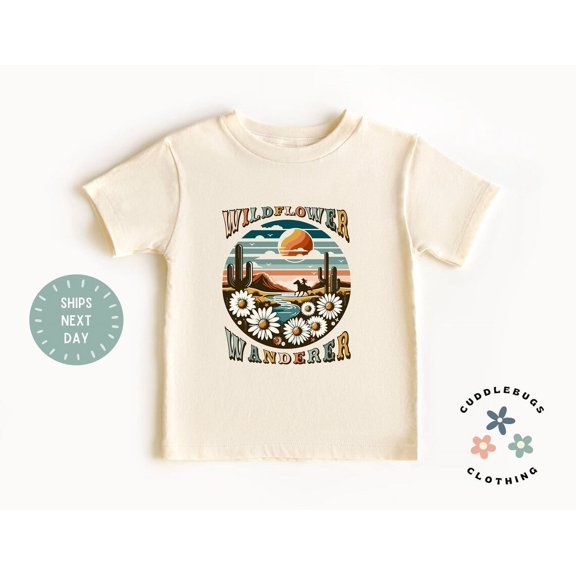 Wildflower Wandere Girls Shirt - Retro Western Desert Daisy Wildflower Kids Tee - Gift For Girl - Birthday Girl - Natural Toddler Tee, New Born, Baby Shower Gift, New Parents Gift