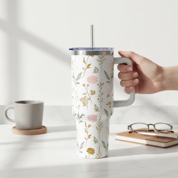 Wildflower Watercolor 40oz Tumbler, Vacuum Travel Tumbler with Handle, Everyday Tumbler, Garden Aesthetic, Floral Tumbler
