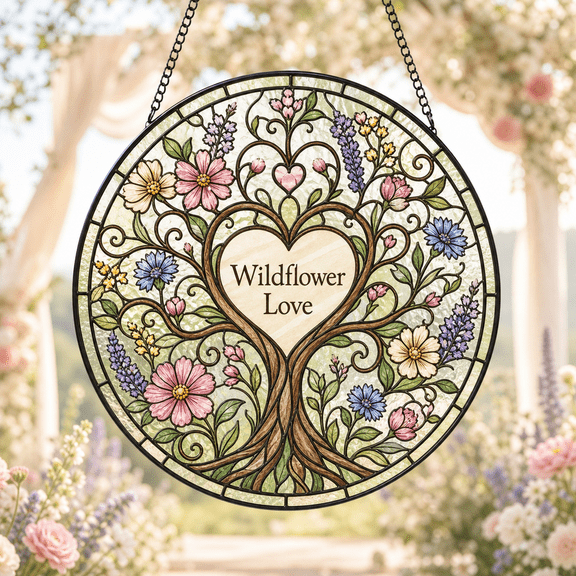 Wildflower Wedding Tree Stained Glass Suncatcher Window Hanging for Wedding Anniversary Gift