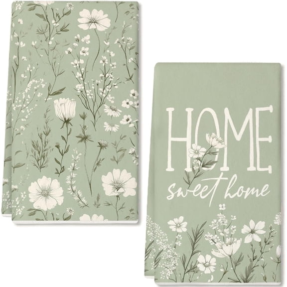 Wildflower White Spring Summer Kitchen Towels Set of 2,18x26 Inches Home Sweet Dish Cloths -Floral Leaves Farmhouse Design,Holiday Hand Towels for Spring Decor & Gifting