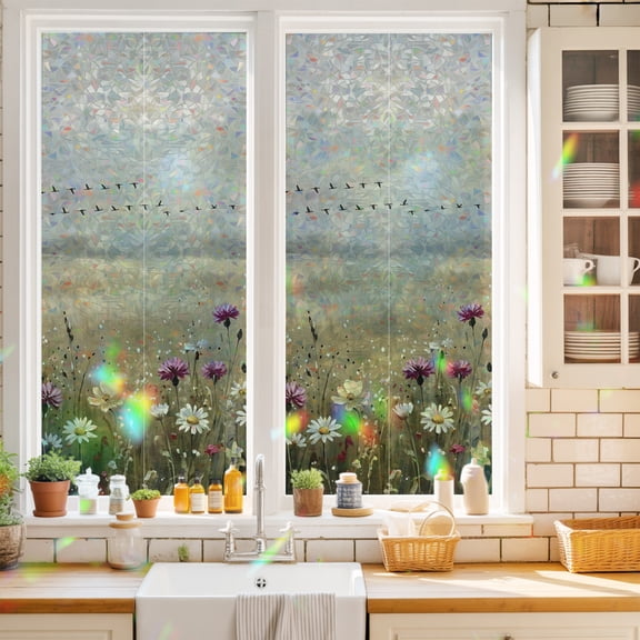 Wildflower Window Privacy Film Nature Floral Flowers Sunset Birds Static Cling Stained Glass Window Film Non-Adhesive Decorative Decals Rainbow Sticker 17.7"X39.3"