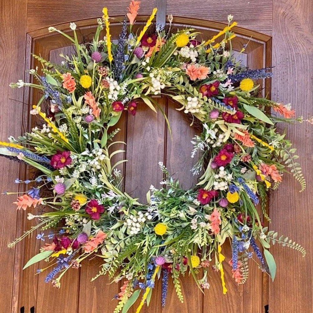 Wildflower Wreath Artificial Wreath Rustic Garlands Decor Spring Summer Floral Wreath Lavender Daisy Flower Wreath for Seasonal Holiday Wedding Party