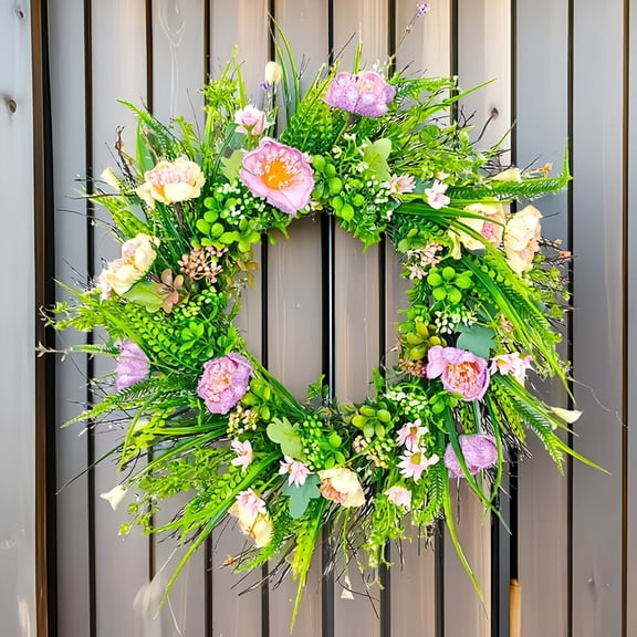 Wildflower Wreath for Front Door 16 in Spring Summer Floral Wreath for Outside Porch Bluebonnet Style Welcome Sign Home Garden Decor Farmhouse Wall Hanging Ornament Garland 1pc