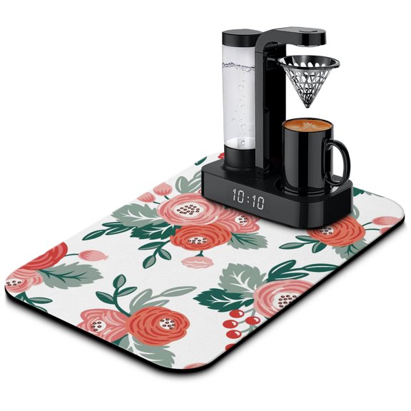 Wildflower and Butterfly Illustration Dish Drying Mat, Absorbent Floral Coffee Bar Mat, Vintage Botanical Kitchen Mat, Rustic Farmhouse Decor