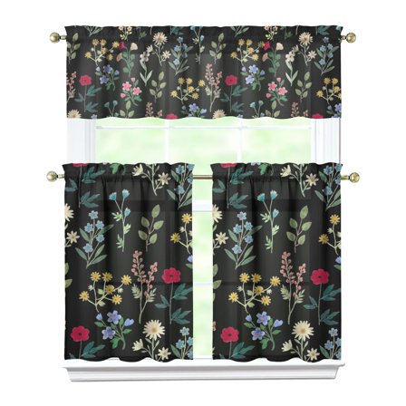 Wildflower and Butterfly Kitchen Curtains Set of 3 with Valance and Tier Panels
