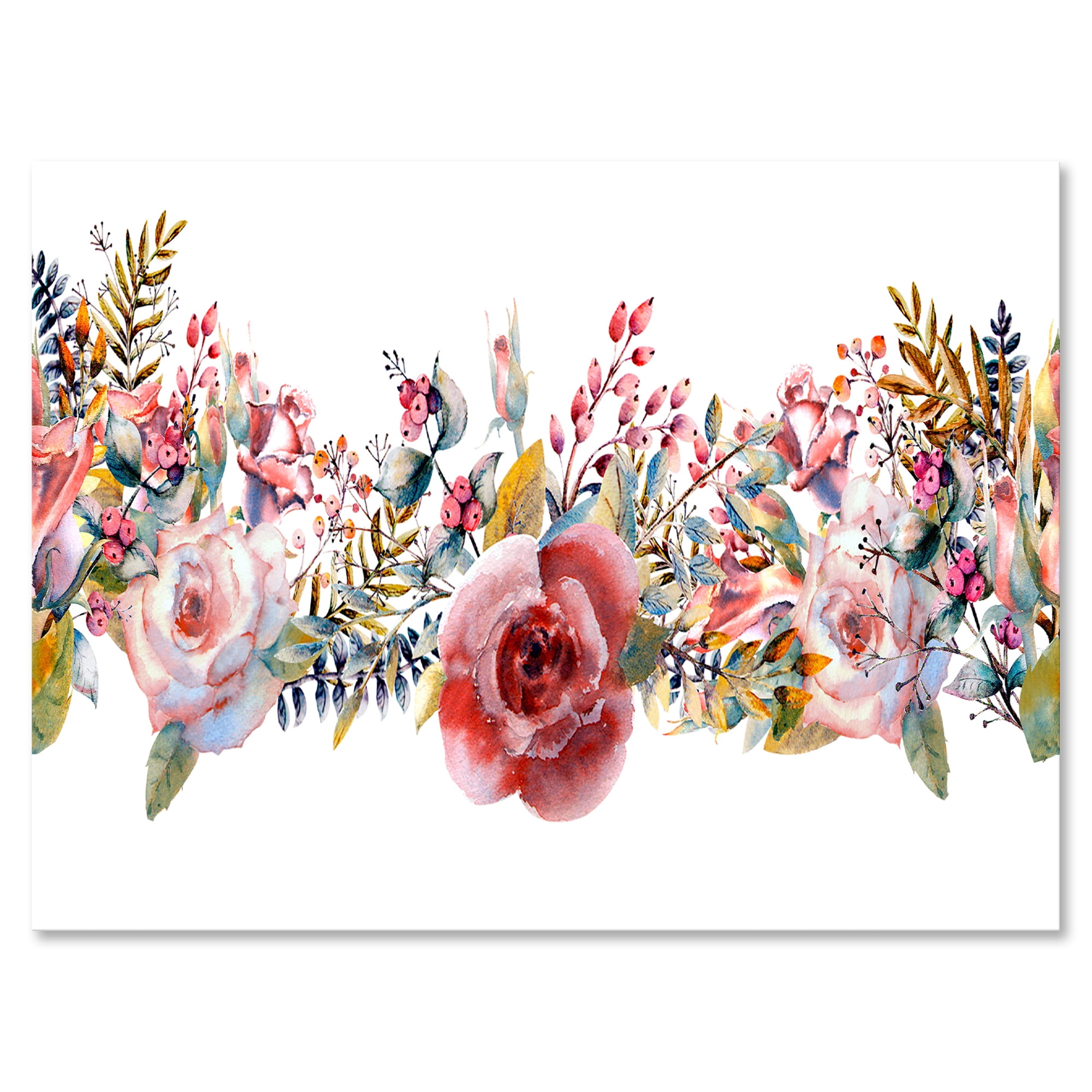 Wildflower and Pink Roses 8 in x 12 in Painting Canvas Art Print, by Designart
