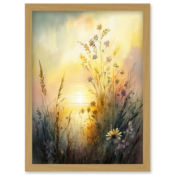 Wildflower by Lakeside on a Misty Morning Sunrise Modern Watercolour Painting Artwork Framed Wall Art Print A4
