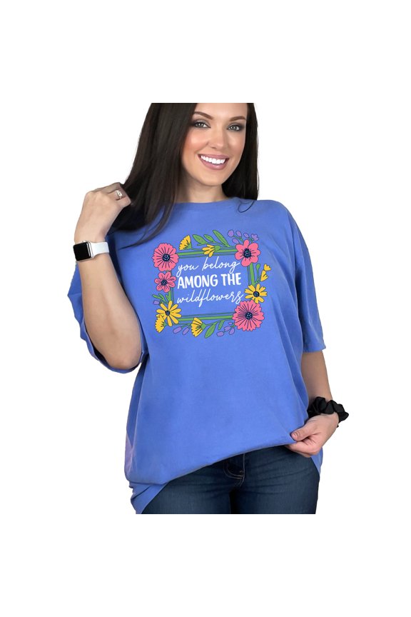 Wildflower graphic tee, floral t-shirt, cute flower print shirt, trendy nature T-shirt, spring summer casual top, gift for her, Flo Blue Comfort Colors T-Shirt, Small