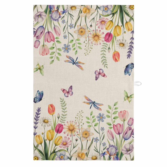 Wildflowers 1 Pack Kitchen Towel, Water Absorbent Dish Towel, Spring Vintage Tulip Butterfly Floral Leaf Decorative Hand Towels - Quick Drying Cloth for Cooking Baking, 18x28 Inch