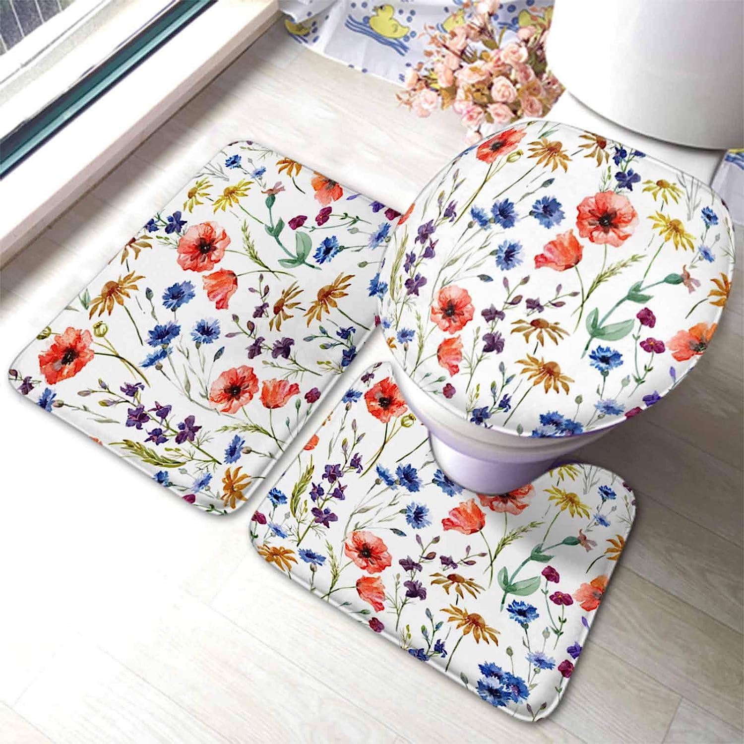 Wildflowers 3 Pieces Bathroom Rug Set Colorful Watercolor Flowers Poppy ...