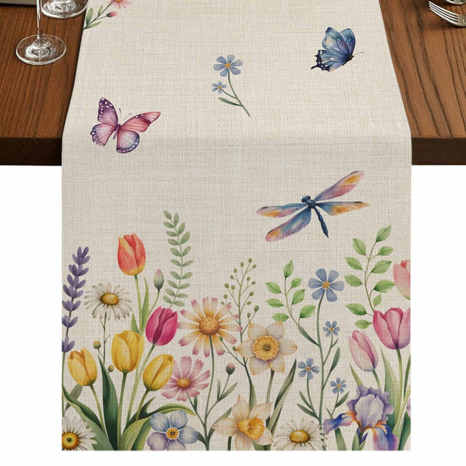 Wildflowers 36 Inch Table Runner, Spring Vintage Tulip Butterfly Floral ...