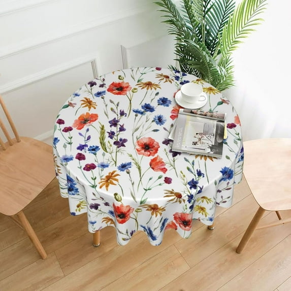 Wildflowers 60 Inch Round Tablecloth,Watercolor Poppy Cornflower Table Cloth Waterproof Stain Wrinkle Resistant Circle Table Cover for Kitchen Dining Camping Picnic Indoor Outdoor Decor
