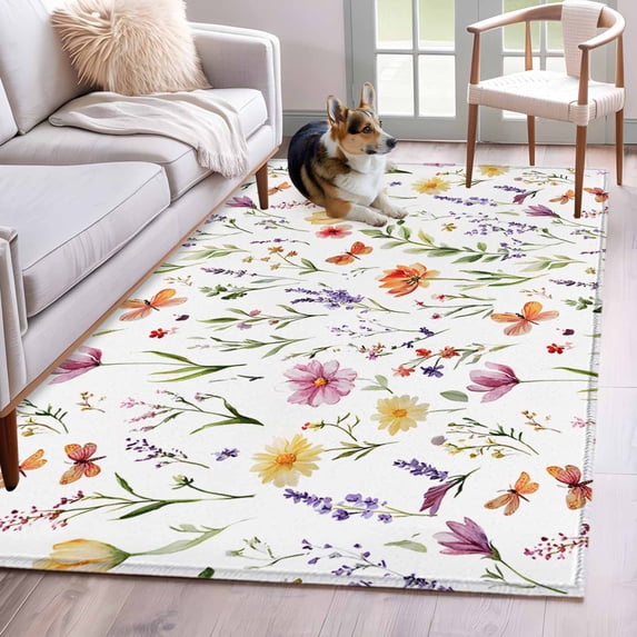 Wildflowers Area Rugs 4x6 ft Colorful Spring Floral Botanical Flower Plants Washable Rug Non Slip Indoor Carpet Absorbent Floor Mat for Living Room Bedroom Dining Room