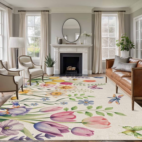 Wildflowers Area Rugs 6'x9', Washable Small Throw Rugs for Kitchen Dining room, Spring Vintage Tulip Butterfly Floral Leaf Indoor Outdoor Rug Non-Slip Low Pile Carpet Runner Reversible Floor Mats