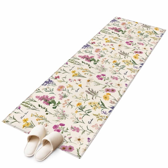 Wildflowers Area Rug 2x6ft Vintage Floral Linen Texture Non-Slip Washable Square Rugs Soft Felt Indoor Floor Mat for Bedroom Kitchen Living Room Bathroom