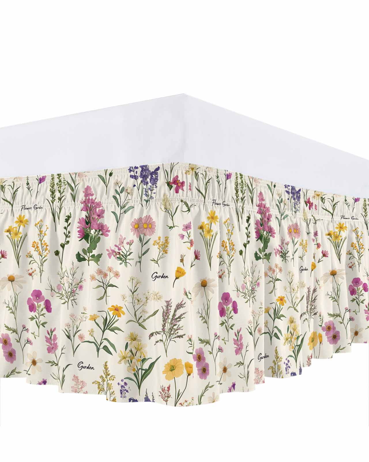 Wildflowers Bed Skirt Queen Size 16 Inch Drop, Vintage Floral Linen Texture Adjustable Elastic Dust Ruffles Bedskirt for Queen Bed Wrap Around Pleated Mattress Frame Cover