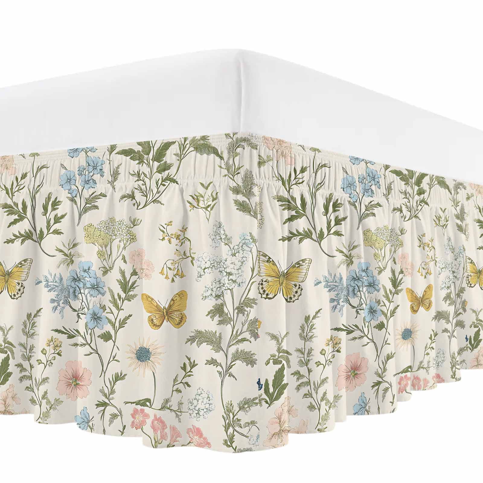 Wildflowers Bed Skirt Queen Size, Spring Flowers Plants Farmhouse Pastoral Wrap Around Bed Skirting with Adjustable Elastic Strap, Dust Ruffle Pleated Bedskirts 16 Inch Drop for Bedroom Queen Beds