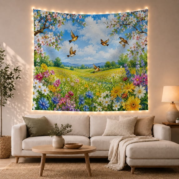 Wildflowers and Birds with Pink Blossoms on Rolling Hills, Serene Illustration for Nature Lovers, Vibrant Countryside Art, Housewarming Gift, Tapestry Wall Hanging for Living Room and Bedroom