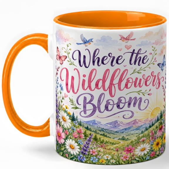 Where the Wildflowers Bloom Coffee Mug, Floral Nature Mug, Spring Birthday Christmas Gift for Women, Mountain Meadow Butterfly Quote Art, 11 oz White Ceramic Coffee Cup Gift for Tea