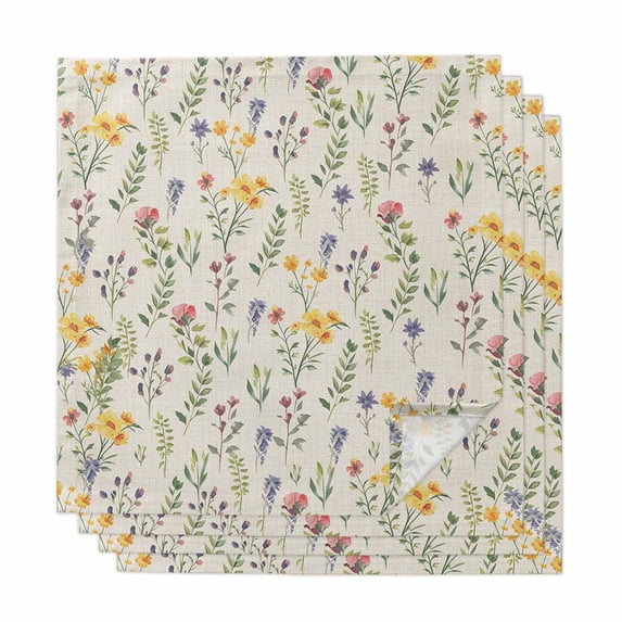 Wildflowers Blossom Cloth Napkins, Spring Pastoral Botanical Flowers Beige Washable and Reusable Dinner Napkins Set of 4, Table Napkin for Kitchen Party Birthday Wedding Hotel Housewarming 20"x20"