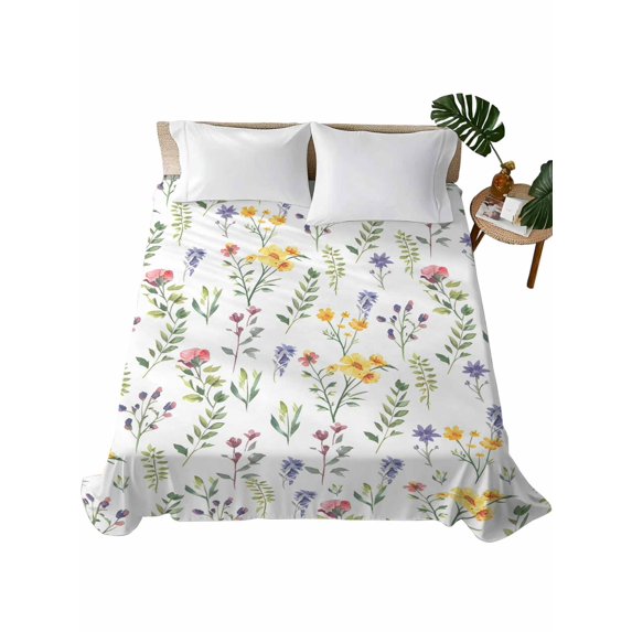 Wildflowers Blossom Flat Sheets Only Queen Size, Soft Breathable Bed Top Sheets for Mattress, Spring Pastoral Botanical Flowers Rustic Luxury Bedding Flat Sheets for Home Hotel Bedroom Bed Protection