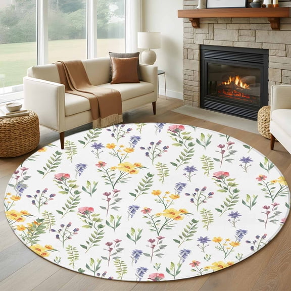 Wildflowers Blossom Round Area Rug 5 FT, Non Slip Bedroom Area Rug, Spring Pastoral Botanical Flowers Rustic Washable Circular Carpet Non-Shedding Floor Mat for Kitchen Dining Room Foyer Balcony Dorm