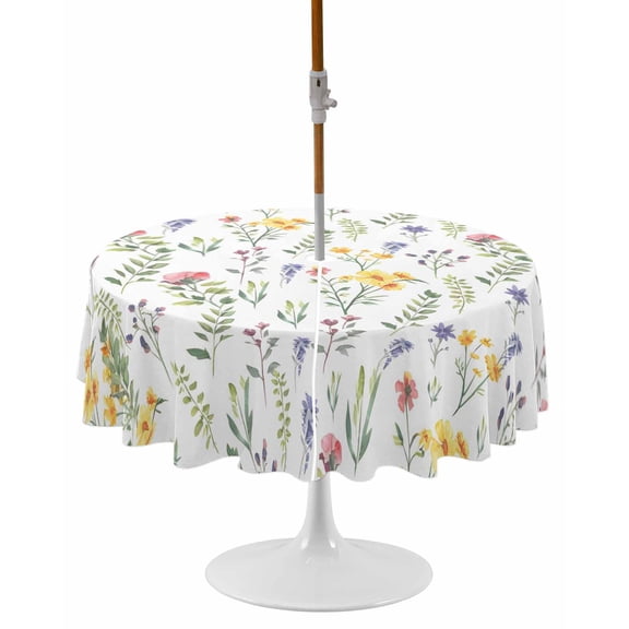 Wildflowers Blossom Round Outdoor Tablecloth, Waterproof Table Cloth Cover with Umbrella Hole and Zipper, Spring Pastoral Botanical Flowers Rustic Table Protector for Patio Party Picnic 54" Round