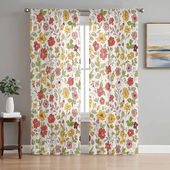 Wildflowers Blossom Rustic Sheer Curtains 84 Inch Length 2 Panels Set, Farmmhouse Botanical Floral Voile Window Treatment Rod Pocket Curtains Sheers Drapes for Bedroom/Living Room/Kitchen 52"x84"x2