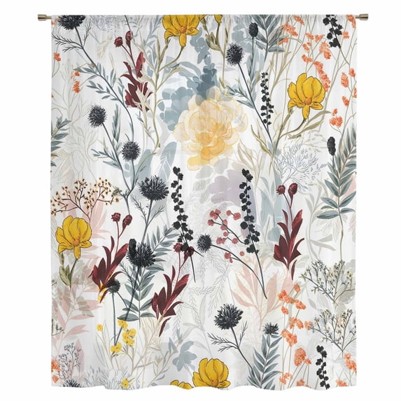 Wildflowers Blossom Sheer Curtains 54 Inches Long, Spring Farmhouse Botanical Floral Light Filering Curtains, Breathable Simi Curtain Privacy Drapes for Kitchen Bathroom Small Window Treatment
