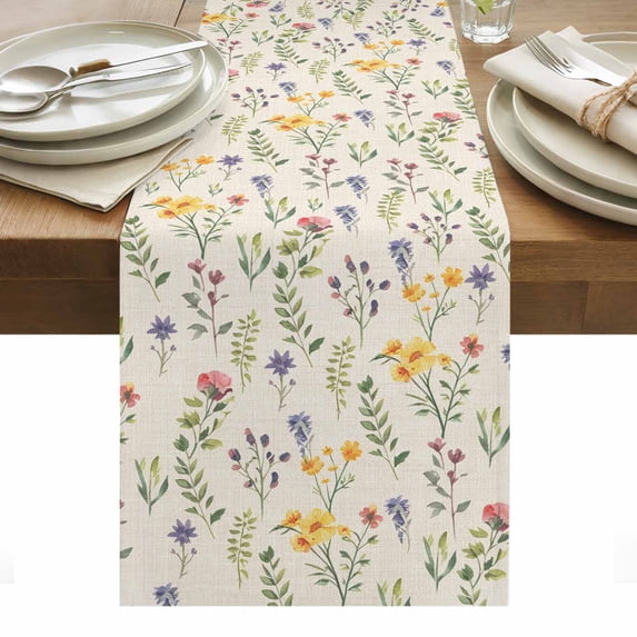 Wildflowers Blossom Table Runner - 36 Inch Long, Kitchen Dining Table Runner Dresser Scarves, Spring Pastoral Botanical Flowers Beige Farmhouse Decor for Coffee Tables Wedding Party Banquet