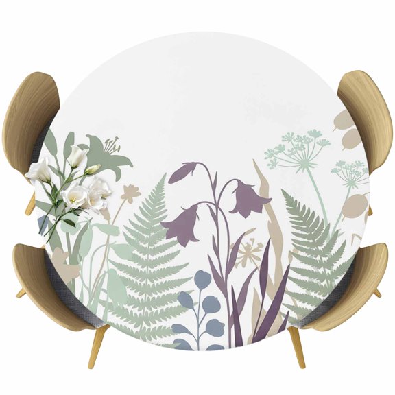 Wildflowers Botanical Round Tablecloth 55-60 Inch Round Fitted Table Cloth with Elastic Edge, Farmhouse Modern Floral Minimalist Waterproof Table Cover Protector for Outdoor Picnic Party Dining