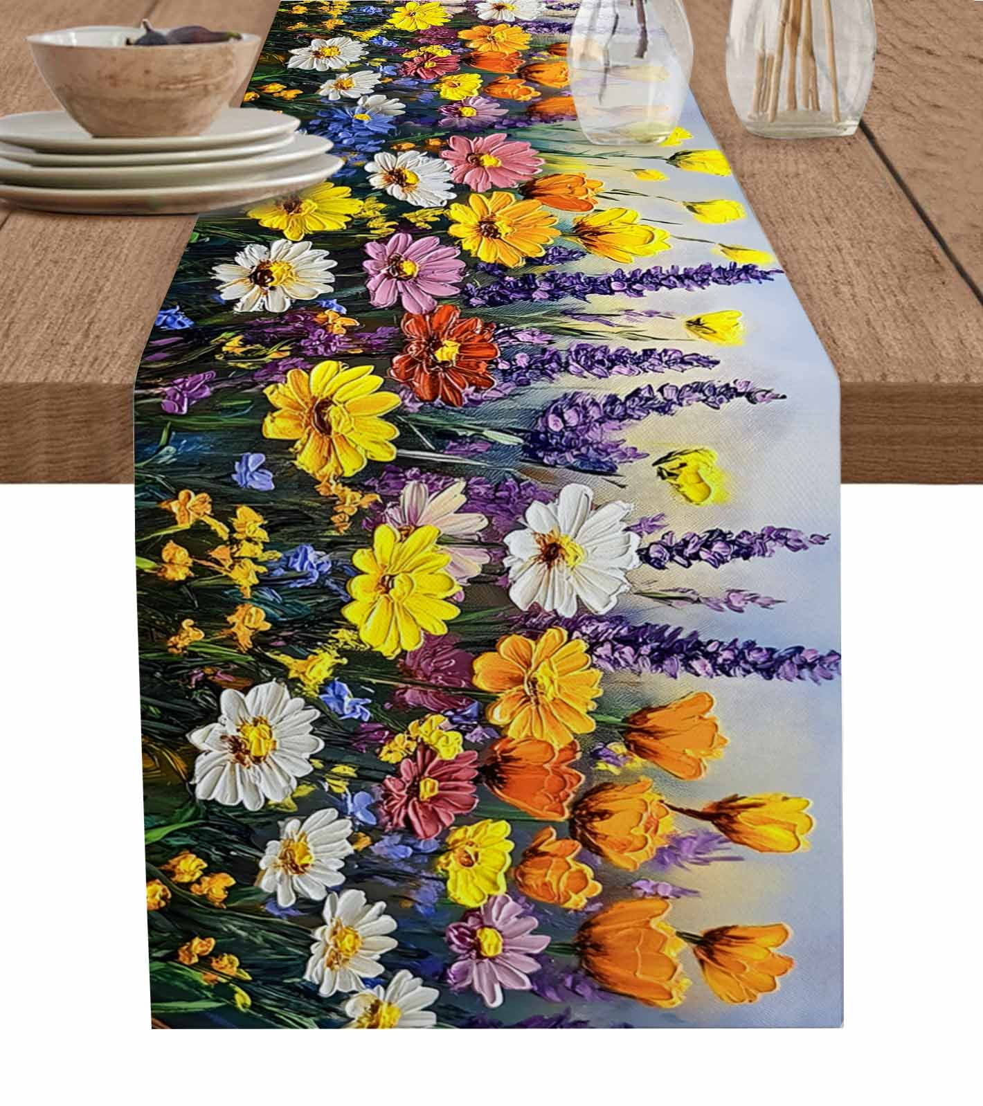 Wildflowers Botanical Table Runner 72 Inches, Oil Painting Pastoral ...