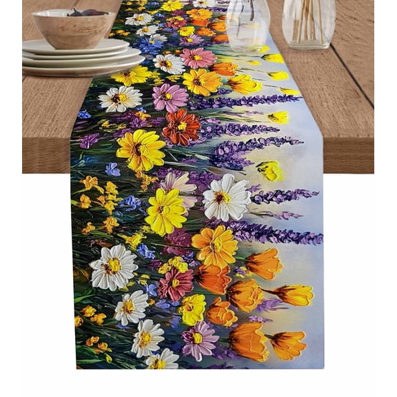 Wildflowers Botanical Table Runner Cotton Linen 36 Inch Holiday Dresser Scarves, Oil Painting Pastoral Flowers Tablerunner for Kitchen Coffee Dining Bedroom Living Room Dinner Scarf Décor 13''x36''