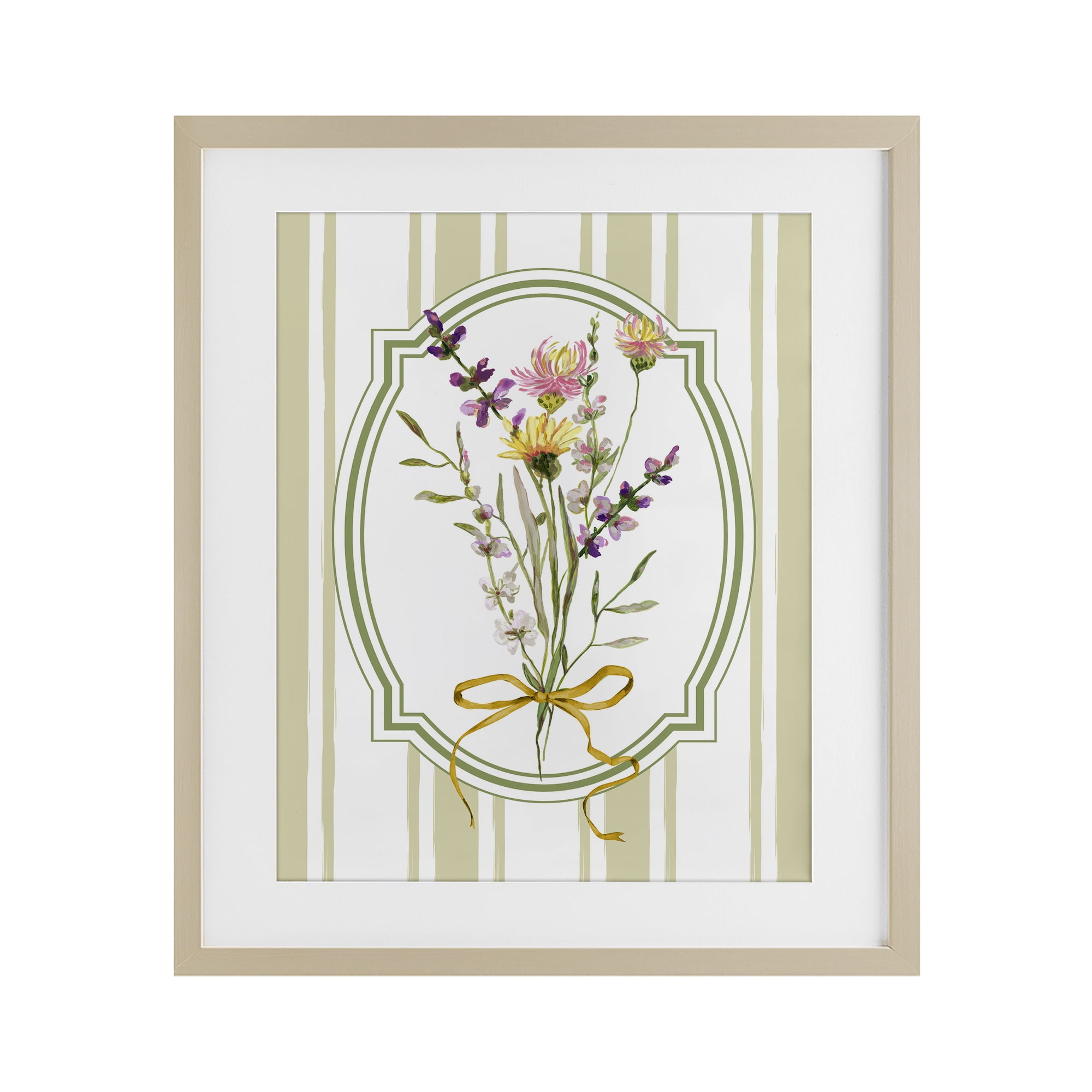 Wildflowers Bouquet Classic Stripes Birch Framed Print Under Glass, design by Adonna Ebrahimi