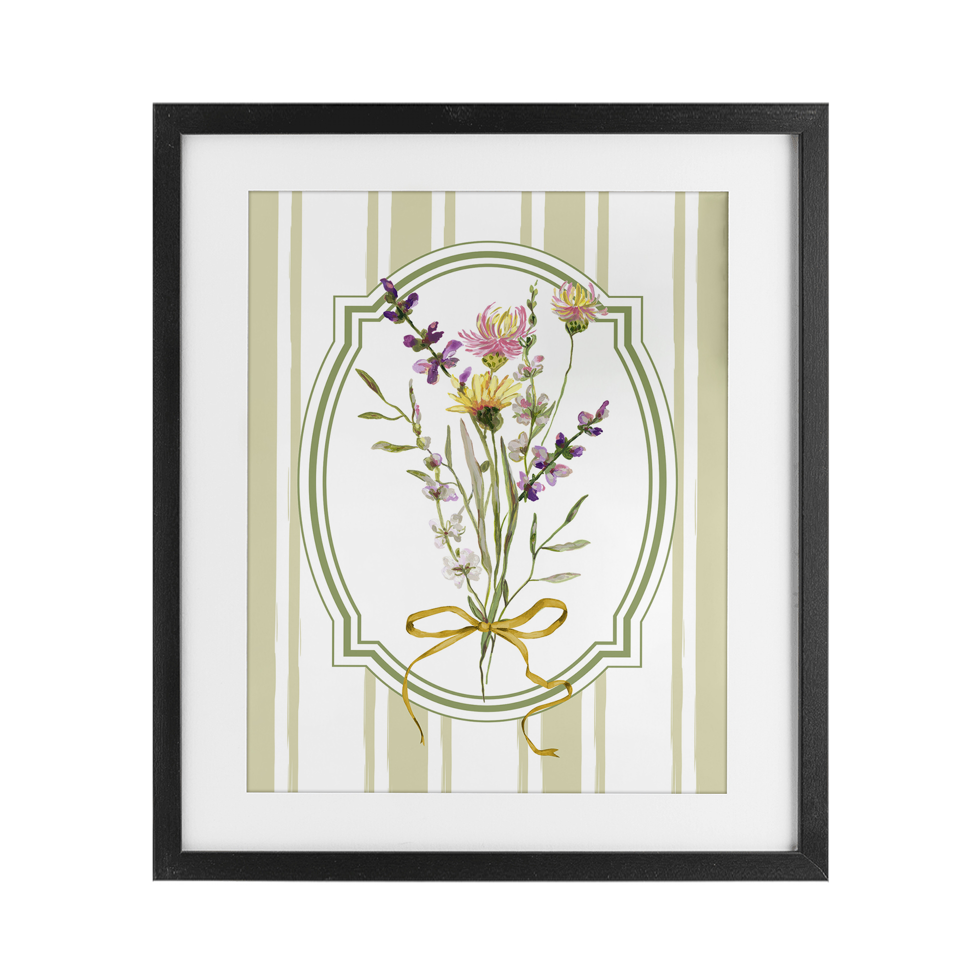 Wildflowers Bouquet Classic Stripes Black Framed Print Under Glass, design by Adonna Ebrahimi